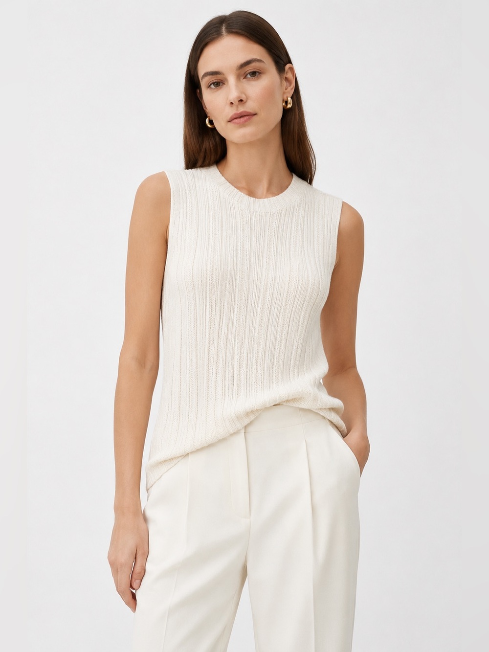 Theory￼ Ivory Ribbed Sleeveless Knit Sweater Tank Top – Medium